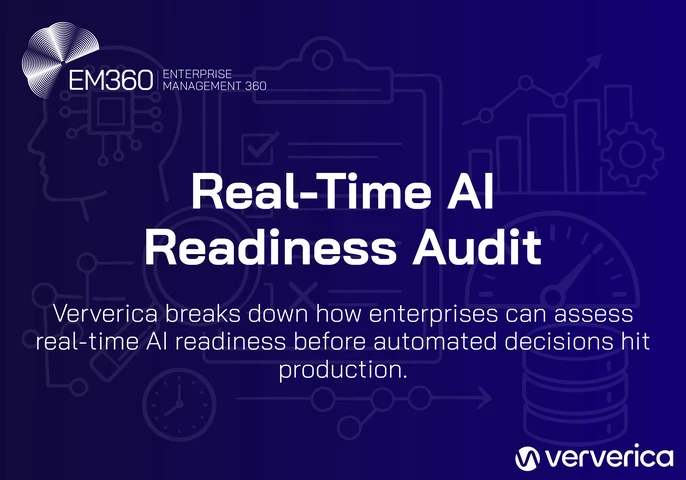 Header image showing EM360Tech and Ververica branding with the title “Real-Time AI Readiness Audit” and the subtitle “Ververica breaks down how enterprises can assess real-time AI readiness before automated decisions hit production,” set against a dark blue background with line-drawn icons representing AI, data pipelines, analytics, and performance metrics.
