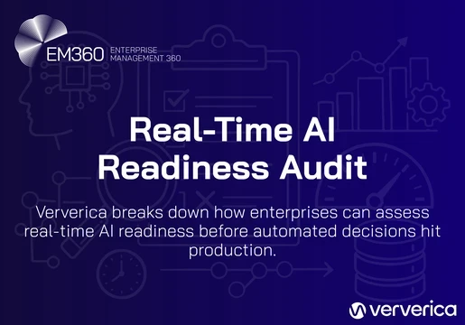 Header image showing EM360Tech and Ververica branding with the title “Real-Time AI Readiness Audit” and the subtitle “Ververica breaks down how enterprises can assess real-time AI readiness before automated decisions hit production,” set against a dark blue background with line-drawn icons representing AI, data pipelines, analytics, and performance metrics.
