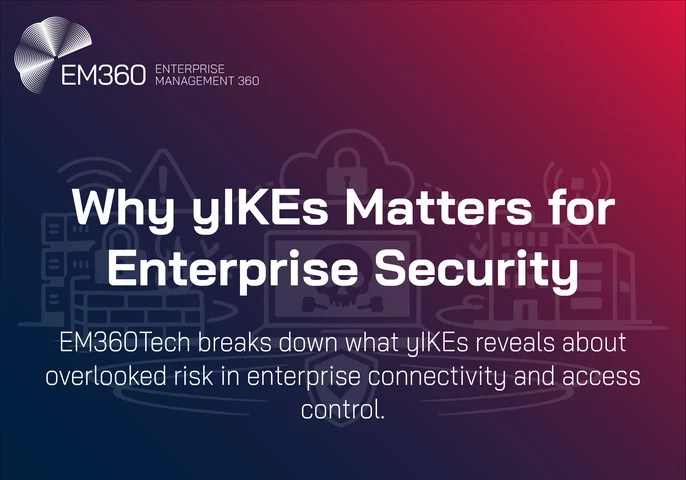 Graphic displaying the text &ldquo;Why yIKEs Matters for Enterprise Security&rdquo; followed by &ldquo;EM360Tech breaks down what yIKEs reveals about overlooked risk in enterprise connectivity and access control,&rdquo; with the EM360Tech logo at the top.