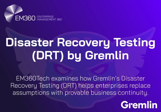EM360Tech branded graphic with a purple gradient background and Gremlin branding, featuring the headline “Disaster Recovery Testing (DRT) by Gremlin” and supporting text explaining how Gremlin’s Disaster Recovery Testing helps enterprises replace assumptions with provable business continuity.