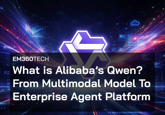 Header image for EM360Tech article titled &ldquo;What is Alibaba&rsquo;s Qwen? From Multimodal Model To Enterprise Agent Platform&rdquo;. The graphic shows Qwen&rsquo;s purple and white geometric logo glowing at the centre of a futuristic digital background filled with light trails, holographic data panels, and cloud icons. A dark translucent overlay contains the EM360Tech label and the article title in bold white text.