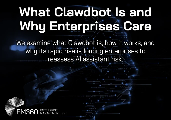 Dark blue and black digital-themed header image with the title “What Clawdbot Is and Why Enterprises Care” and subtext reading “We examine what Clawdbot is, how it works, and why its rapid rise is forcing enterprises to reassess AI assistant risk.” The background features a stylised human profile made of glowing circuit lines and a hand interacting with a holographic interface. EM360 Enterprise Management 360 logo appears in the bottom left corner.