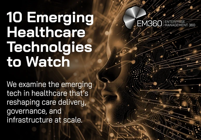 Graphic titled “10 Emerging Healthcare Technologies to Watch” showing a digital human face made of glowing data points and network lines, representing artificial intelligence and innovation in healthcare.