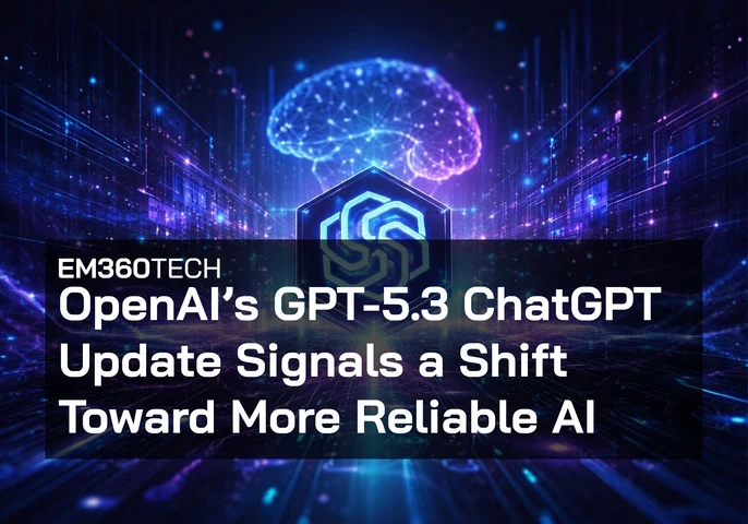 Header graphic for an EM360Tech article titled &ldquo;OpenAI&rsquo;s GPT-5.3 ChatGPT Update Signals a Shift Toward More Reliable AI,&rdquo; showing a glowing AI brain above a digital network with the ChatGPT logo at the centre, symbolising advances in generative AI reliability and intelligence.