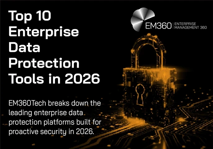 Black and orange graphic with the EM360 logo at the top right. Large white headline text on the left reads: “Top 10 Enterprise Data Protection Tools in 2026.” Beneath it, smaller white text reads: “EM360Tech breaks down the leading enterprise data protection platforms built for proactive security in 2026.” On the right side, a glowing gold digital padlock made of circuit-board elements sits on a dark background with illuminated data lines, representing cybersecurity and data protection.