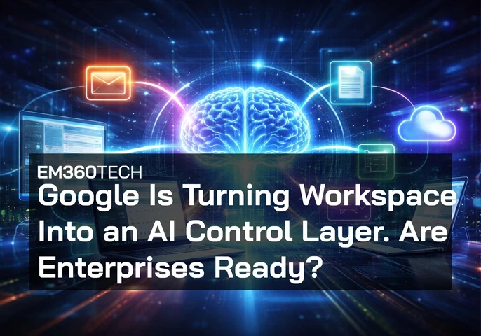 Header graphic showing a glowing digital brain connected to Google Workspace tools including Gmail, Docs, Drive, and Calendar across multiple laptops, with overlaid text reading: &ldquo;EM360Tech &mdash; Google Is Turning Workspace Into an AI Control Layer. Are Enterprises Ready?&rdquo;