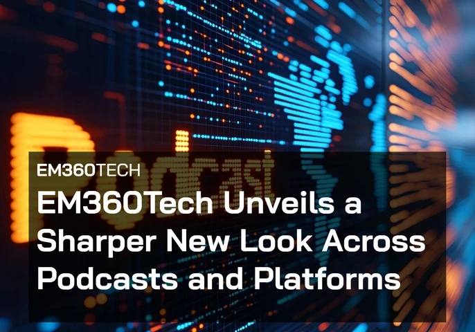 Dark, high-contrast technology background featuring blue and orange data-like light patterns on a digital grid, with overlaid text reading “EM360TECH” and “EM360Tech Unveils a Sharper New Look Across Podcasts and Platforms” in bold white font on a semi-transparent black panel.