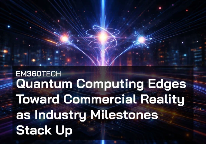 Header graphic showing a futuristic quantum computing visual with glowing entangled particles and a luminous processor chip emitting beams of light across a digital circuit background. Overlaid text reads: ‘EM360Tech – Quantum Computing Edges Toward Commercial Reality as Industry Milestones Stack Up.