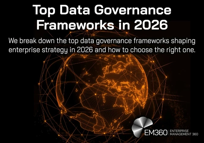 Header graphic with the title “Top Data Governance Frameworks in 2026” and subtitle “We break down the top data governance frameworks shaping enterprise strategy in 2026 and how to choose the right one.” The background shows a glowing orange digital globe connected by network lines, representing global data flows, with the EM360Tech Enterprise Management 360 logo in the bottom right.