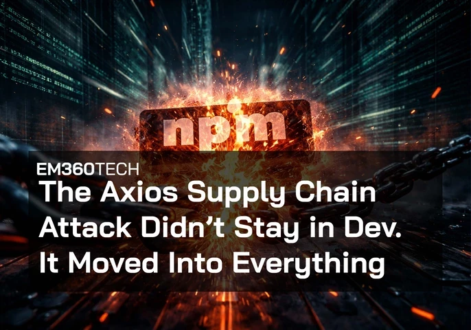 A glowing npm logo sits in the centre as a heavy metal chain snaps apart in front of it, sending sparks and fragments outward. The background shows blurred lines of code and a digital cityscape, with a dark overlay and bold white headline text reading “The Axios Supply Chain Attack Didn’t Stay in Dev. It Moved Into Everything” and EM360Tech branding above.