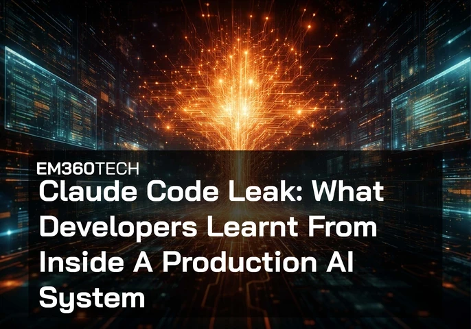 Dark, futuristic data centre scene with glowing orange neural network or circuitry at the centre, surrounded by screens of code. Overlaid text reads &ldquo;EM360TECH&rdquo; and &ldquo;Claude Code Leak: What Developers Learnt From Inside A Production AI System.&rdquo;