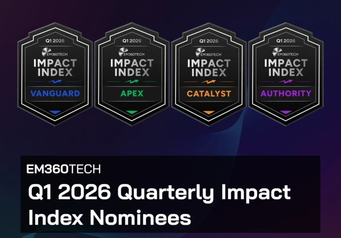 Graphic showing four EM360Tech Impact Index award badges for Q1 2026 labelled Vanguard, Apex, Catalyst, and Authority, above the heading “EM360Tech Q1 2026 Quarterly Impact Index Nominees” on a dark gradient background.