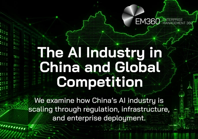 EM360Tech graphic titled &ldquo;The AI Industry in China and Global Competition.&rdquo; The image features a glowing neon green map of China connected by digital network lines against a mostly black background. A green-lit server rack appears on the left, a microchip and circuit board design spans the bottom, and a futuristic city skyline appears on the right. Subtitle text reads: &ldquo;We examine how China&rsquo;s AI industry is scaling through regulation, infrastructure, and enterprise deployment.&rdquo; The EM360 Enterprise Manageme