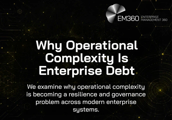 EM360Tech header graphic with the title “Why Operational Complexity Is Enterprise Debt” in large white text on a black background with gold network lines, connected nodes, geometric patterns, and radar-style circular graphics. Subtitle reads: “We examine why operational complexity is becoming a resilience and governance problem across modern enterprise systems.” EM360 Enterprise Management 360 logo appears at the top right.