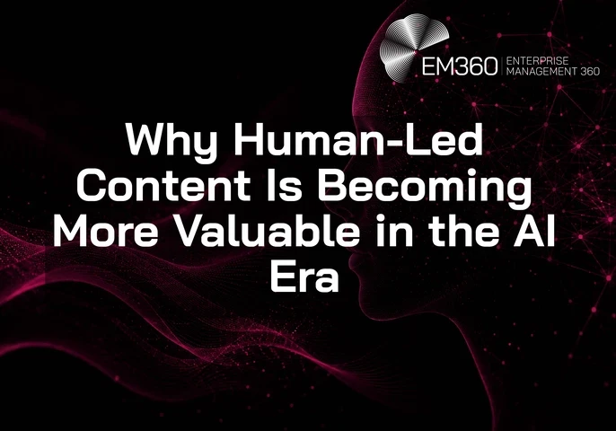 Header graphic for an EM360Tech article titled “Why Human-Led Content Is Becoming More Valuable in the AI Era.” The image features a black background with dark magenta digital wave patterns flowing across the bottom left. On the right side is a glowing abstract human profile made from connected nodes and network lines in dark magenta. Large white text in the centre reads “Why Human-Led Content Is Becoming More Valuable in the AI Era.” The EM360 Enterprise Management 360 logo appears at the top right.