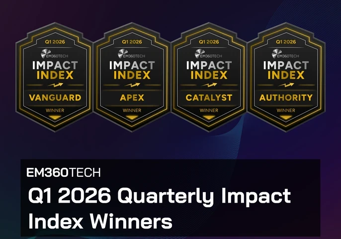 Graphic showing four EM360Tech Impact Index Q1 2026 winner badges labelled Vanguard, Apex, Catalyst, and Authority above the heading “EM360Tech Q1 2026 Quarterly Impact Index Winners” on a dark gradient background. 