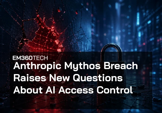 Dark cyber-themed scene with a cracked wall glowing red like a digital breach on the left and a black padlock on a reflective surface on the right, set against a blurred blue data centre background. Overlaid text reads: “EM360TECH Anthropic Mythos Breach Raises New Questions About AI Access Control.”