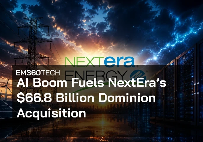 Header graphic for EM360Tech article about NextEra Energy’s Dominion acquisition. The image shows a dramatic energy and AI infrastructure scene with power lines, wind turbines, solar panels, lightning, and a large data centre server hall under a stormy sky. The NextEra Energy logo appears in the centre background. Overlaid text reads: “AI Boom Fuels NextEra’s $66.8 Billion Dominion Acquisition” with EM360Tech branding in the top left corner.