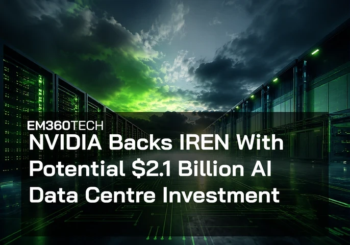 EM360Tech header graphic showing a large AI data centre corridor with rows of illuminated server racks stretching into the distance beneath a dramatic storm-filled sky glowing green and blue. Overlaid white text reads: “NVIDIA Backs IREN With Potential $2.1 Billion AI Data Centre Investment.”