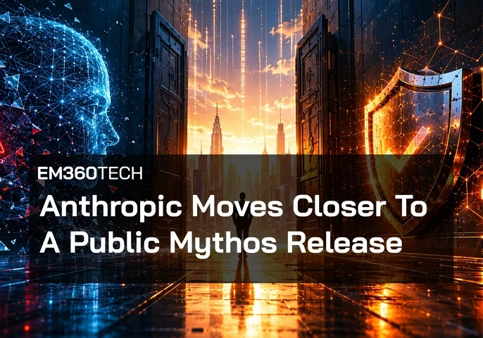 EM360Tech header graphic featuring the title &ldquo;Anthropic Moves Closer To A Public Mythos Release&rdquo; in large white text over a dark futuristic corridor. A glowing blue digital human profile made of interconnected data points appears on the left, while a large illuminated orange cybersecurity shield with a checkmark appears on the right. Open doors reveal a bright city skyline and streams of vertical data light in the background. A lone silhouetted figure stands in the centre of the corridor, reflected on the g