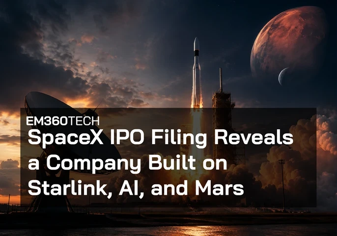 Space-themed EM360Tech header graphic showing a rocket launching from a spaceport at dusk, with flames and smoke illuminating the launch pad. A large satellite dish stands in the foreground, while a red planet resembling Mars and a smaller moon appear in the night sky. Overlaid text reads: &ldquo;EM360TECH&rdquo; and &ldquo;SpaceX IPO Filing Reveals a Company Built on Starlink, AI, and Mars&rdquo;. 