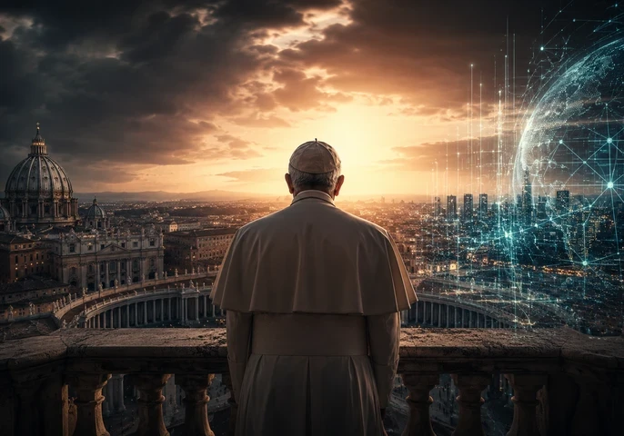 Header graphic showing Pope Leo XIV from behind, standing on a balcony overlooking Rome at sunset. St Peter&rsquo;s Basilica appears on the left beneath dark storm clouds, while a glowing digital globe made of interconnected data points and network lines fills the right side of the image. The scene contrasts traditional religious authority with modern technology and artificial intelligence, with the article title "What Everyone Is Missing About Pope Leo's Warning on Technology" displayed across the centre.