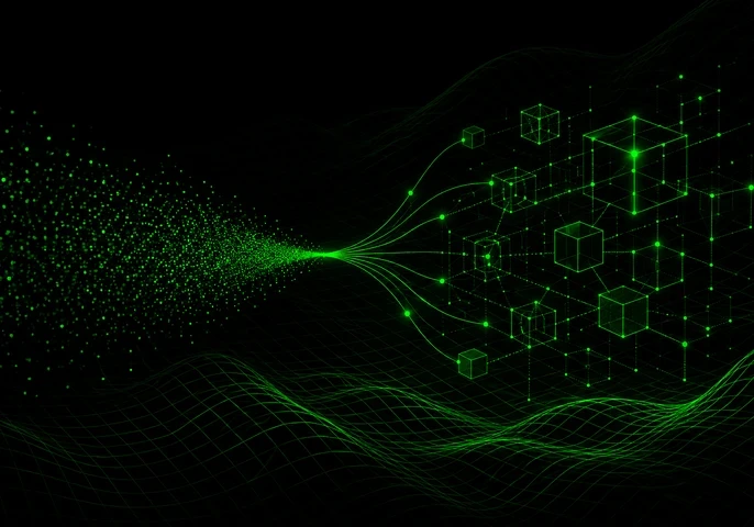 EM360Tech header graphic with a black background, bright green digital wave patterns flowing across the bottom and centre, and glowing green geometric cubes connected by network lines on the right. White title text reads &ldquo;How To Choose The Right Machine Learning Model&rdquo; with a subtitle explaining how machine learning models can be matched to business goals, data realities, and operational requirements. The EM360 logo appears in the top right corner.