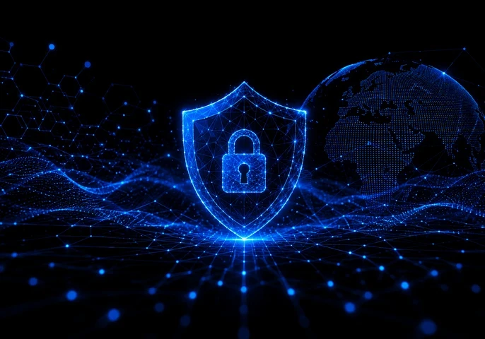 Header graphic for the article "Enterprise Security Lessons From Infosecurity Europe 2026" showing a glowing blue digital shield with a padlock at its centre, surrounded by interconnected network lines and a digital globe on a black background. The EM360 logo appears in the top right, with the subtitle: "We look at how the biggest themes from Infosecurity Europe 2026 reveal where enterprise security is heading next."