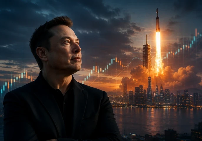 graphic for an EM360Tech article titled &ldquo;SpaceX IPO Sends Elon Musk Past $1 Trillion.&rdquo; A large portrait of Elon Musk dominates the left side of the image, looking upward against a dark, dramatic sky. On the right, a rocket launches from a pad with bright orange flames and smoke, rising above a city skyline at dusk. Transparent stock market candlestick charts and trend lines are overlaid across the scene, symbolising financial growth and investor activity. The article title appears in large white text 