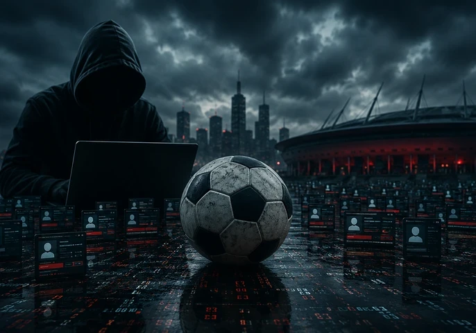 A dark cybercrime-themed illustration showing a hooded figure using a laptop beside a large football in the foreground. Digital profile screens and red data streams cover the ground, while a brightly lit stadium and city skyline sit beneath storm clouds in the background. An EM360Tech headline overlay reads: "What Ghost Stadium Reveals About The Industrialisation Of Digital Fraud."