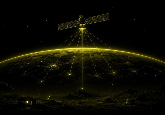 Header graphic showing a satellite in orbit above Earth, transmitting olive-green connectivity beams to remote communities below. A black background with glowing network lines links scattered homes across a rural landscape, while the title “Why Satellite Internet Won’t Solve The Digital Divide” and a subtitle about affordability, trust and local infrastructure appear in white text.
