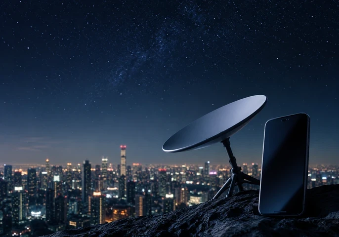 EM360Tech header graphic showing a satellite internet dish and smartphone overlooking a city skyline at night beneath a star-filled sky, representing Starlink's expansion into the US mobile market and competition with established telecommunications providers. The headline reads: "Starlink Eyes US Mobile Market in Direct Challenge to Telecoms Giants."