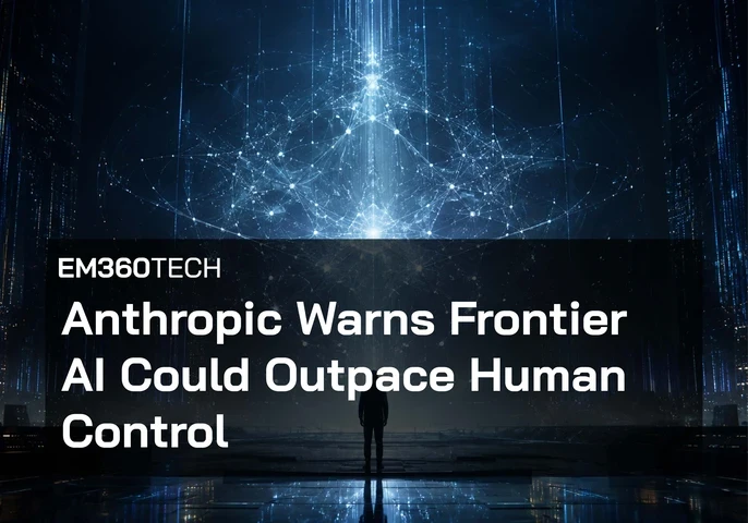 EM360Tech header graphic showing a lone human silhouette standing in a dark futuristic control room, facing a huge glowing blue AI network made of connected nodes, vertical light streams and data-like structures. The headline reads: “Anthropic Warns Frontier AI Could Outpace Human Control.”