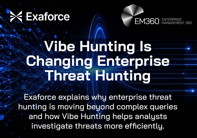 Header graphic for the EM360Tech article "Vibe Hunting Is Changing Enterprise Threat Hunting", featuring a black background with glowing blue digital network connections flowing into a central light source and streamlined data paths extending across the image. The design symbolises AI-powered threat hunting, data analysis, and cybersecurity investigation. The Exaforce and EM360Tech logos appear at the top, with the title and subtitle overlaid in white text.