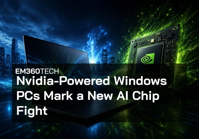 A black laptop with a blank screen sits on the left side of the image, while a large Nvidia-branded computer chip stands upright on the right. Bright green electrical streaks and glowing particles surround the chip, contrasting with blue light effects around the laptop. A dark city skyline with illuminated skyscrapers fills the background beneath a cloudy night sky. Large white text across the centre reads: "Nvidia-Powered Windows PCs Mark a New AI Chip Fight."