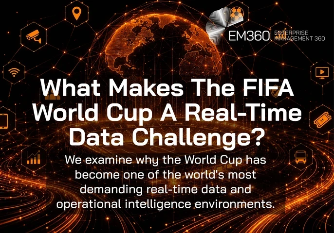 Header graphic showing a glowing orange digital globe connected by a network of data points and lines above a stylised football pitch. Surrounding the globe are icons representing player analytics, security cameras, Wi-Fi, mobile devices, ticketing, transport, streaming, location tracking, and business intelligence dashboards. The headline reads "What Makes The FIFA World Cup A Real-Time Data Challenge?" with a subtitle explaining that the article examines why the World Cup has become one of the world's mos
