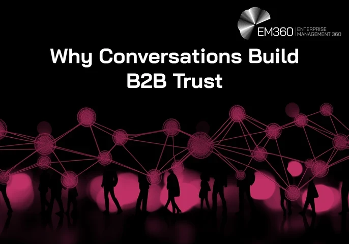 Header graphic titled "Why Conversations Build B2B Trust" showing silhouettes of people connected by a network of glowing pink nodes and lines against a black background, representing professional relationships, knowledge sharing, and trust-building conversations in enterprise environments.