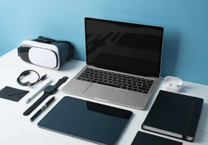 Photo of various digital devices including laptop, tablet, smart watch, VR goggles and more
