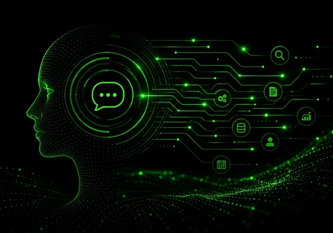 EM360Tech graphic titled &ldquo;What Is Virtual Assistant Technology?&rdquo; featuring a digital green-on-black interface with a stylised human profile, circular AI-inspired visual elements, and connected data pathways linking icons representing documents, databases, workflows, and users. The graphic explores how virtual assistant technology has evolved from basic assistants into intelligent systems that support enterprise operations.