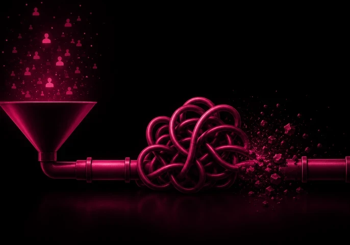 EM360Tech header graphic titled "The Hidden Cost Of Sending Sales Teams Unready Buyers" featuring a black background with deep dark magenta accents. On the left, buyer icons flow into a funnel connected to a pipeline that becomes tangled in the centre before breaking apart into fragments on the right, representing unready buyers creating bottlenecks and hidden costs within the sales pipeline. The EM360 logo appears in the top-right corner. 