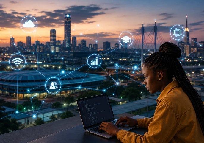 Header graphic for an EM360Tech article titled "Digital Skills in Africa: Can Infrastructure Investment Create Youth Opportunity?" showing a young woman working on a laptop overlooking a modern African city skyline at sunset, with digital network icons representing cloud computing, connectivity, education, technology skills and digital growth.