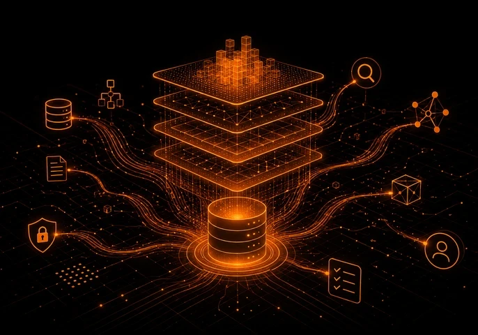 EM360Tech graphic titled &ldquo;Why AI Success Depends On Data Foundations&rdquo;. The image shows a layered, glowing orange data architecture on a black background, with interconnected data flows, database icons, network structures, and enterprise technology symbols. Streams of data connect through multiple platform layers, illustrating how AI systems rely on strong data foundations. Text reads: &ldquo;We show why AI-ready data foundations are becoming a bigger differentiator than model choice in enterprise AI.&rdquo; 