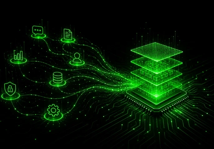 "EM360Tech header graphic with the title 'How AI Became Operational Infrastructure'. The subtitle reads: 'We look at how enterprise AI moved from isolated experiments into the platforms, workflows and systems businesses now rely on.' The design features a black background with glowing green data pathways connecting chat, document, database, and workflow icons. On the right, a layered digital platform stack rises from a computer chip, representing enterprise AI infrastructure. The EM360 Enterprise Management