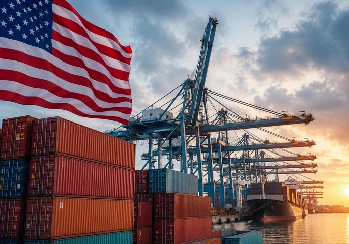 Header graphic for an EM360Tech news article showing a large US flag flying above shipping containers, port cranes and a cargo ship at a commercial seaport during sunrise or sunset. Overlaid text reads: "EM360TECH" and "US Rebuilds Global Tariff Wall With New Duties on 60 Trading Partners".