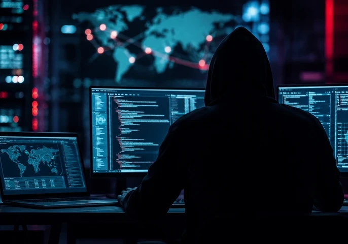 EM360Tech header graphic showing a hooded figure seated at multiple computer monitors displaying code and a world map with connected network nodes, representing cybersecurity and AI security testing. Overlay text reads: "EM360TECH Claude AI Breached Three Companies After Cybersecurity Tests Reached the Open Internet."