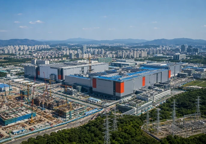 Aerial view of a large South Korean semiconductor manufacturing complex, with the headline “South Korea Sets Record 2027 Budget as AI Chip Boom Lifts Tax Revenue.”