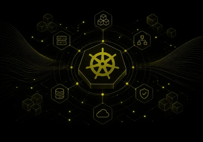 EM360Tech article header titled "Kubernetes Orchestration for Enterprises". The design features a black background with olive-gold Kubernetes-inspired infrastructure graphics, including server, database, security, container, and network architecture icons connected through a central orchestration hub. Abstract data flow lines and interconnected nodes illustrate how Kubernetes coordinates enterprise applications, infrastructure, governance, security, and operational management. 