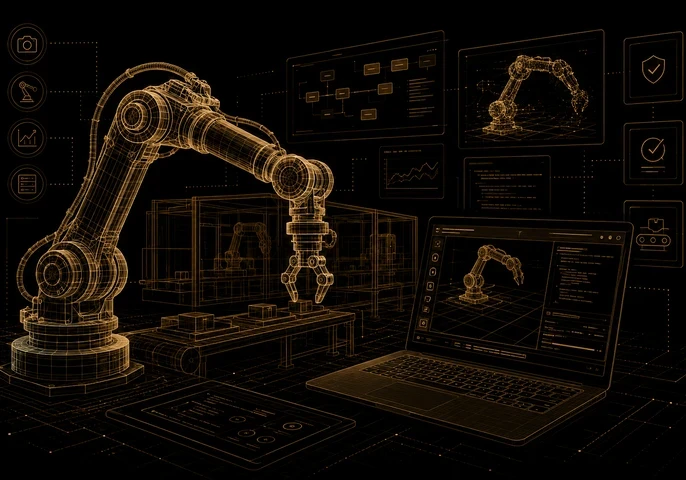 Header graphic for an EM360Tech article titled Robotics Programming for Enterprise. A gold wireframe industrial robotic arm dominates a black background filled with robot control interfaces, programming dashboards, flowcharts and code displays. The subtitle reads: "We explain how enterprises programme, test and control robots as development tools become easier to use and operational systems grow more complex." The EM360Tech logo appears in the top right corner. 