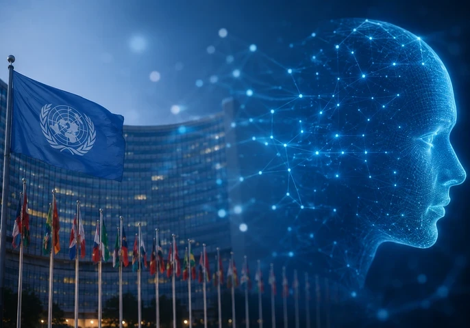 UN headquarters building with a United Nations flag in the foreground and a glowing digital AI network visualisation overlaid against a blue background, illustrating global concerns about artificial intelligence governance and regulation. Visible text reads: "EM360TECH UN Chief Warns AI Is Outpacing Global Rules". 