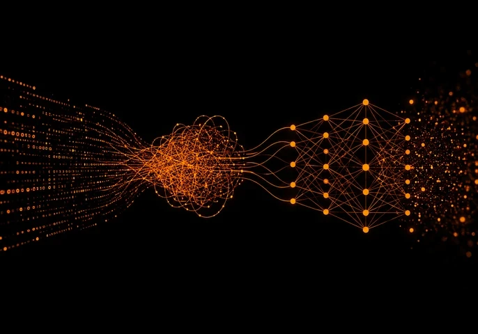 Header graphic with a black background showing orange data streams flowing into a tangled cluster before connecting to a structured AI neural network. Overlaid text reads: "Poor Data Quality Cost in Enterprise AI" and "We show how poor data quality creates hidden costs across enterprise AI systems, workflows and business decisions." EM360 logo appears in the top-right corner.